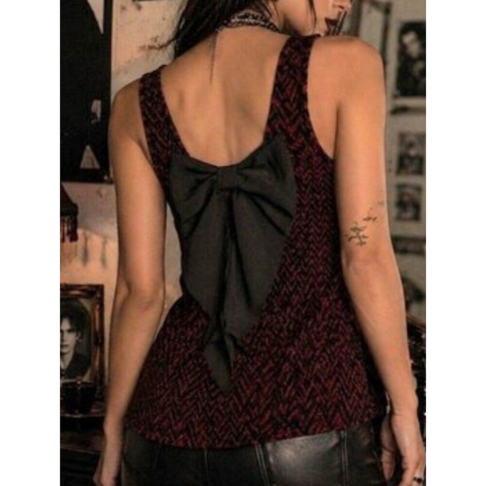 Y2K VTG The Buckle DayTrip S Sparkle Tank Top USA Deep Red Black Bow Babydoll